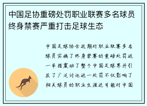 中国足协重磅处罚职业联赛多名球员终身禁赛严重打击足球生态