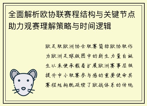 全面解析欧协联赛程结构与关键节点助力观赛理解策略与时间逻辑